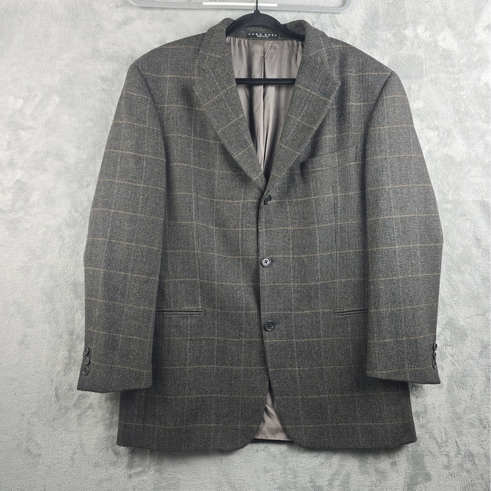 Hugo Boss Blazer Jacket Men's 42R Brown Tweed Virgin Wool Windowpane Tailored